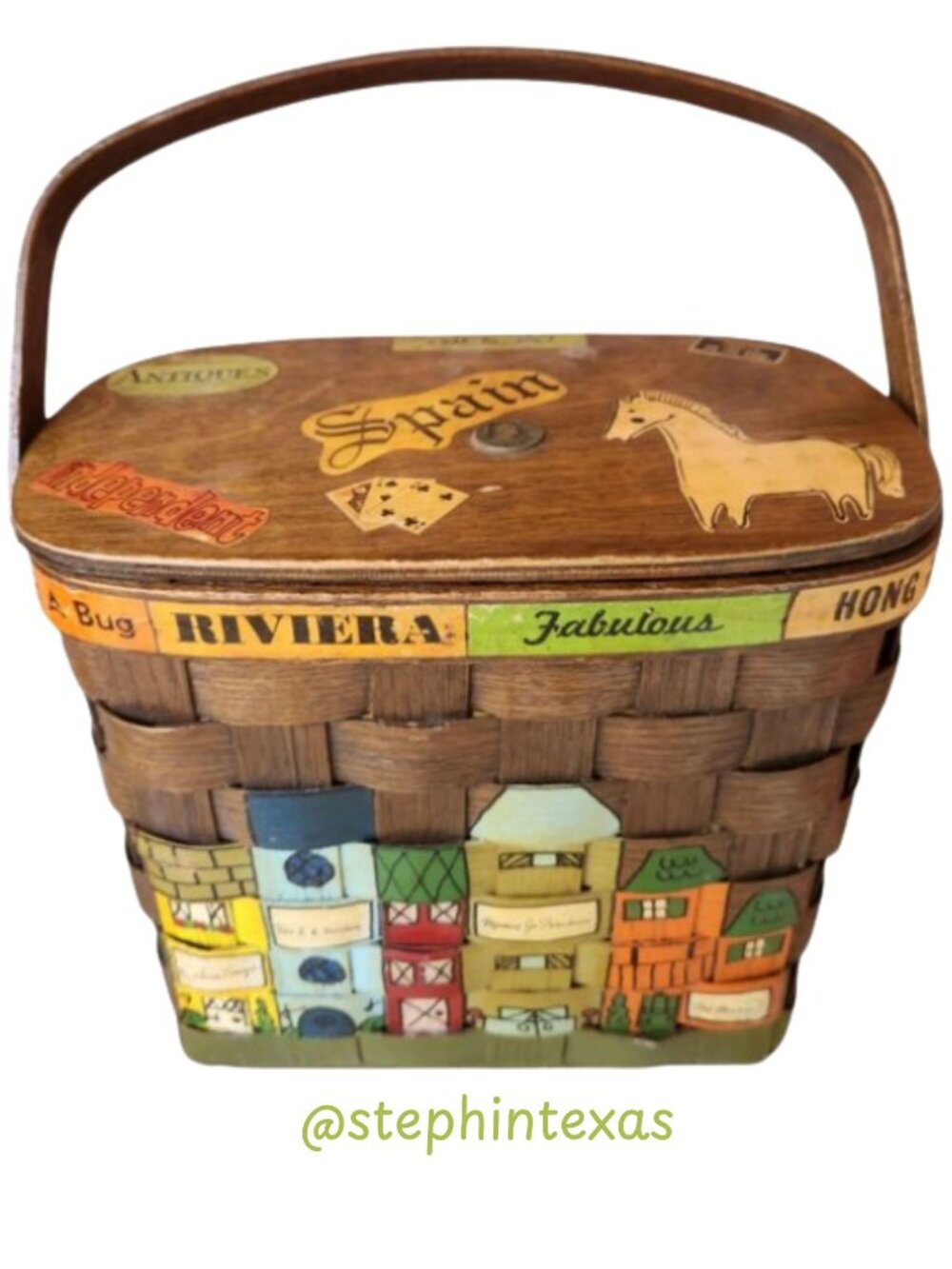 Vintage 1960s Caro Nan Signed Basket European Travel Theme Hand-Painted Hinged